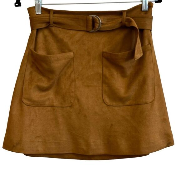 Lovers + Friends Brighton Faux Suede Brown Front Pocket Fully Lined Mini Skirt - Picture 2 of 8